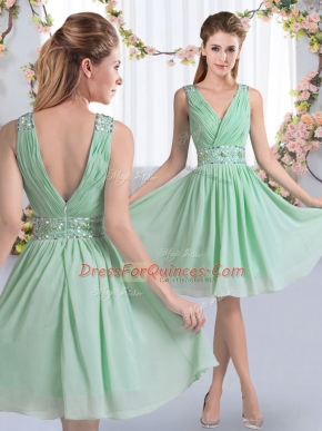 Stunning Sleeveless Chiffon Knee Length Zipper Quinceanera Court of Honor Dress in Apple Green with Beading