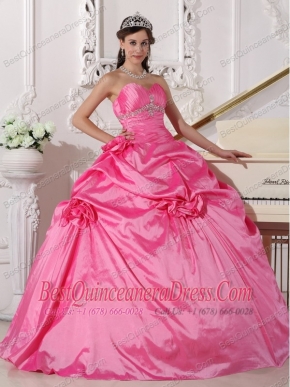 Rose Pink Ball Gown Sweetheart Floor-length Taffeta Beading and Hand Made Flowers Quinceanera Dress