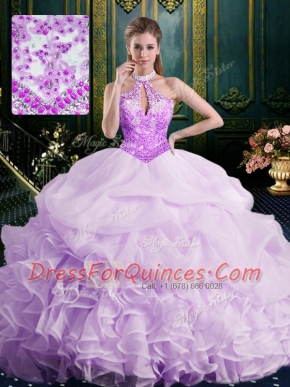 Halter Top Lavender Sleeveless Brush Train Beading and Lace and Appliques and Ruffles and Pick Ups Ball Gown Prom Dress