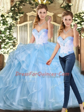 Gorgeous Sleeveless Organza Floor Length Lace Up Vestidos de Quinceanera in Blue with Beading and Ruffles