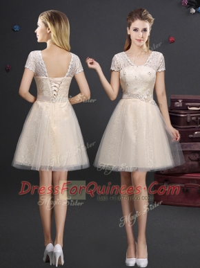 Fantastic Champagne Tulle Lace Up Vestidos de Damas Short Sleeves Mini Length Lace and Appliques and Belt