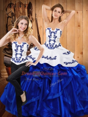 Flirting Strapless Sleeveless Satin and Organza Sweet 16 Quinceanera Dress Embroidery and Ruffles Lace Up