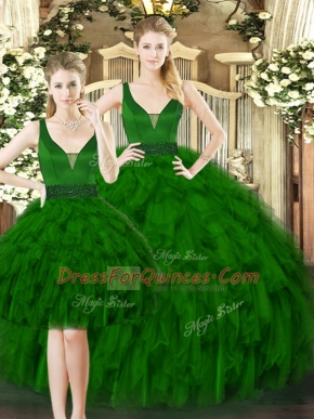 Floor Length Dark Green Quince Ball Gowns Tulle Sleeveless Beading and Ruffles