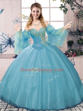 Free and Easy Tulle Sweetheart Long Sleeves Lace Up Beading and Ruching Quince Ball Gowns in Blue