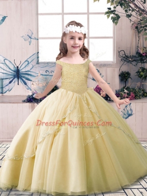 Ball Gowns Little Girl Pageant Dress Champagne Off The Shoulder Tulle Sleeveless Floor Length Lace Up
