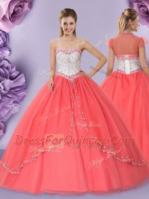 Fabulous Floor Length Watermelon Red Quince Ball Gowns Sweetheart Sleeveless Lace Up