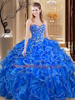 Pretty Floor Length Lace Up Ball Gown Prom Dress Royal Blue for Military Ball and Sweet 16 and Quinceanera with Embroidery and Ruffles