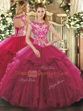 Elegant Scoop Sleeveless Organza Ball Gown Prom Dress Beading and Ruffles Lace Up