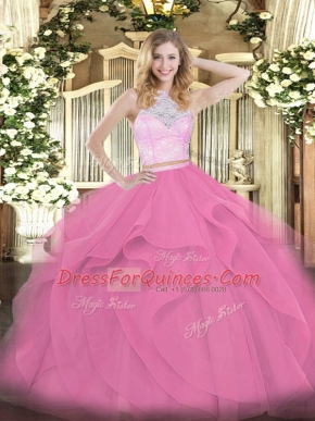Stunning Scoop Sleeveless Zipper Sweet 16 Quinceanera Dress Rose Pink Tulle