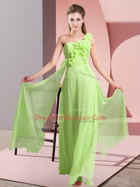 Flare Yellow Green Sleeveless Floor Length Hand Made Flower Lace Up Quinceanera Court Dresses