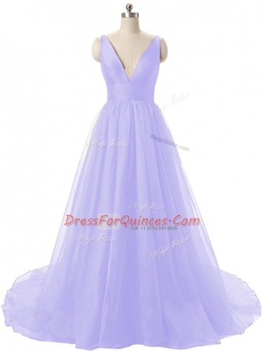 Sexy Lavender Organza Backless Sleeveless Brush Train Ruching