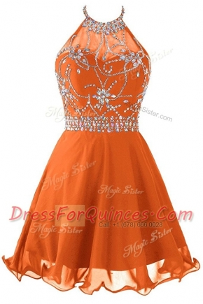 Halter Top Sleeveless Zipper Prom Gown Orange Organza