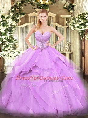 Lavender Ball Gowns Sweetheart Sleeveless Tulle Floor Length Lace Up Beading and Ruffles Quinceanera Dresses