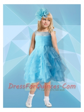 Formal A-Line Scoop Tea-length Flower Girl Dress with Ruffles in Light Blue for 2014
