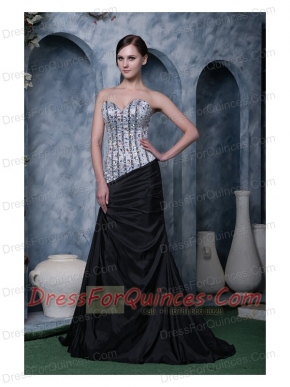 Prom Dress Sliver and Black A-line Sweetheart Brush Train Elastic Woven Satin Beading