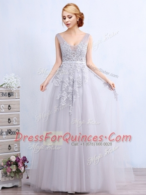 Sleeveless Brush Train Backless With Train Appliques and Belt Prom Party Dress