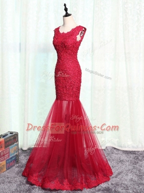 Pretty Mermaid Homecoming Dress Red Scoop Tulle Sleeveless Floor Length Zipper