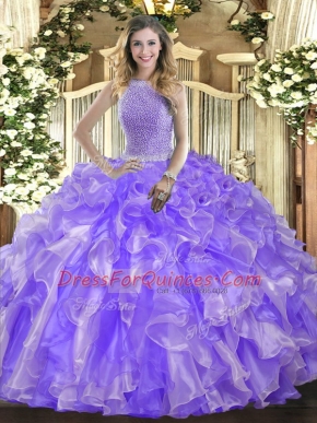 Sleeveless Floor Length Beading and Ruffles Lace Up Sweet 16 Dresses with Lavender
