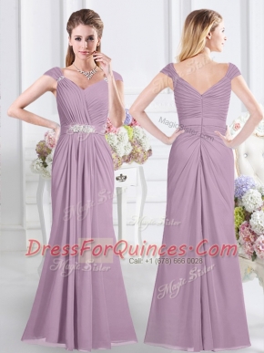 Lavender Chiffon Zipper Sweetheart Cap Sleeves Floor Length Court Dresses for Sweet 16 Beading and Ruching