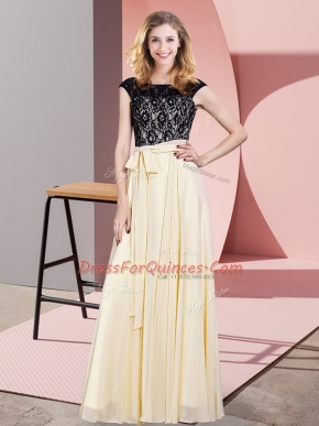 Smart Champagne Lace Up Scoop Lace and Belt Prom Evening Gown Chiffon Sleeveless