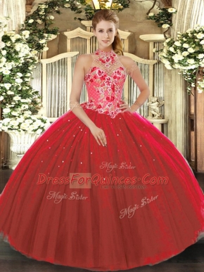 Fancy Halter Top Sleeveless Quinceanera Dresses Floor Length Embroidery Red Tulle