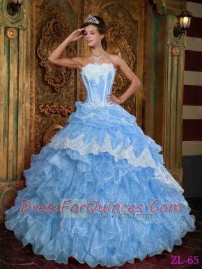 Strapless Sweetheart Ball Gown Appliques Ruffles Organza Aqua Blue Best Quinceanera Dresses