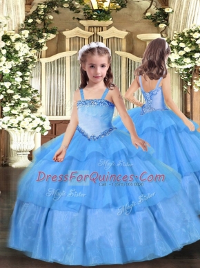 Perfect Baby Blue Ball Gowns Straps Sleeveless Organza Floor Length Lace Up Appliques Little Girls Pageant Dress Wholesale