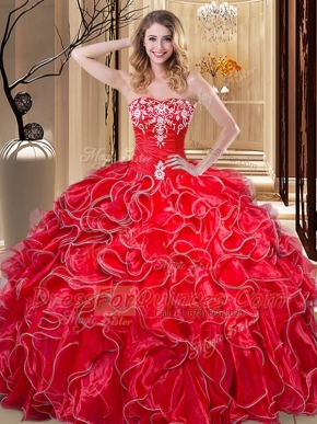 Fashionable Organza Sweetheart Sleeveless Lace Up Embroidery and Ruffles Quinceanera Gowns in Coral Red