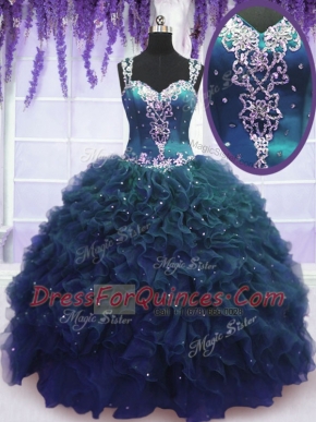 Hot Sale Straps Navy Blue Sleeveless Beading and Ruffles Floor Length Quince Ball Gowns