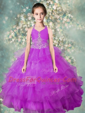 Custom Design Halter Top Lavender Sleeveless Floor Length Beading and Ruffled Layers Zipper Pageant Gowns For Girls