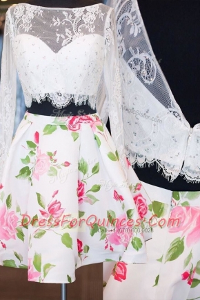 Beading and Lace Prom Gown Multi-color Zipper Long Sleeves Mini Length