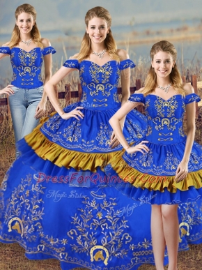 High Quality Blue Ball Gowns Satin Off The Shoulder Sleeveless Embroidery Lace Up Vestidos de Quinceanera