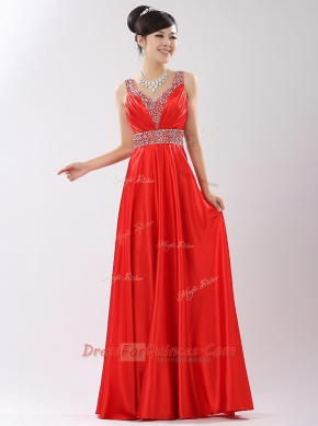 Shining Coral Red Sleeveless Beading Floor Length Prom Party Dress