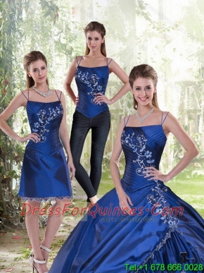 Detachable and Custom Made 2015 Appliques Spaghetti Straps Royal Blue Quinceanera Dress
