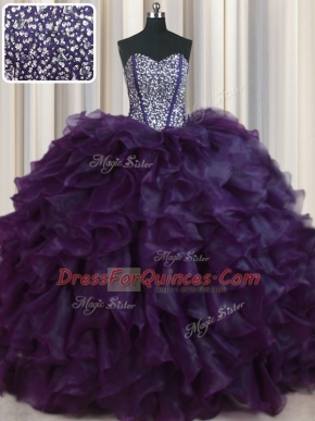 Romantic Visible Boning Bling-bling Sweetheart Sleeveless Brush Train Lace Up Quinceanera Dresses Dark Purple Organza