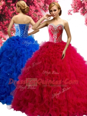 Colorful Red Lace Up Sweetheart Beading and Ruffles 15 Quinceanera Dress Tulle Sleeveless