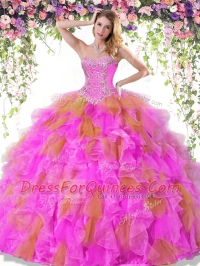 Captivating Multi-color Organza Lace Up Quinceanera Gowns Sleeveless Floor Length Beading and Ruffles