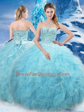 Aqua Blue Tulle Lace Up Sweetheart Sleeveless Floor Length Quinceanera Dresses Beading and Pick Ups
