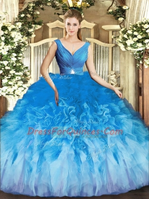 Tulle Sleeveless Floor Length 15 Quinceanera Dress and Beading and Ruffles