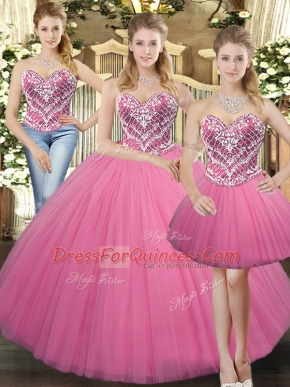 Trendy Sweetheart Sleeveless Quinceanera Dresses Floor Length Beading Rose Pink Tulle