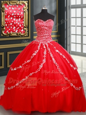 Red Tulle Lace Up Sweetheart Sleeveless 15 Quinceanera Dress Beading and Appliques