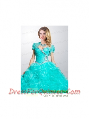 Gorgeous Turquoise Organza Quinceanera Jacket with Ruffles and Beading