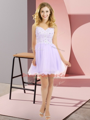 Cute Mini Length Side Zipper Court Dresses for Sweet 16 Lavender for Prom and Party and Wedding Party with Beading and Lace