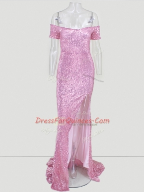 Custom Fit Short Sleeves Sequins Zipper with Pink Sweep Train