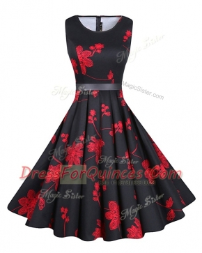 Scoop Knee Length Zipper Prom Dress Red And Black for Prom and Party with Sashes ribbons and Pattern