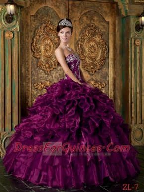 Sweetheart Ruffles Eggplant Purple Ball Gown Organza 2014 Quinceanera Dresses Strapless Lace-up