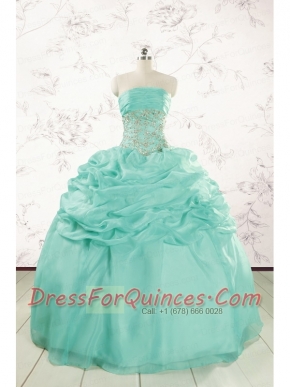2015 Pretty Puffy Apple Green Sweet 16 Dresses with Beading
