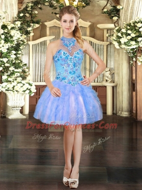 Low Price Sleeveless Lace Up Mini Length Embroidery and Ruffles Prom Gown