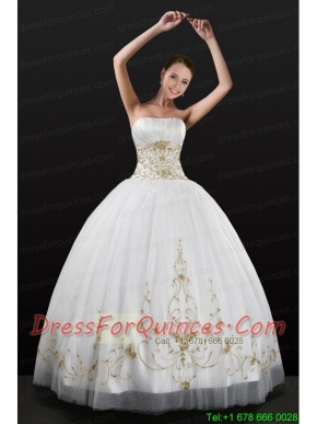 White Strapless 2015 Quinceanera Dress with Beading and Embroidery