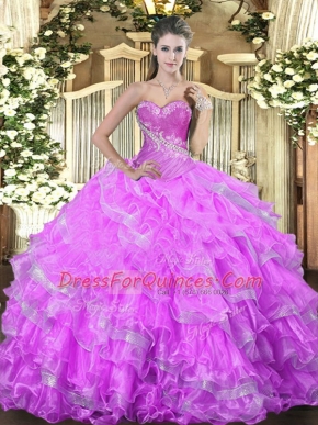 Fitting Lilac 15th Birthday Dress Military Ball and Sweet 16 with Beading and Ruffled Layers Sweetheart Sleeveless Lace Up